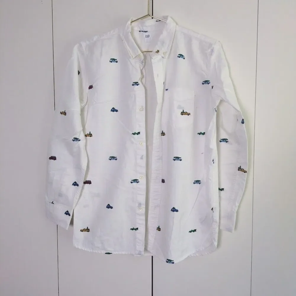 GAP BOYS WHITE CHRISTMAS TRUCK LONG SLEEVE BUTTON DOWN SHIRT NEW SIZE XXL 14-16